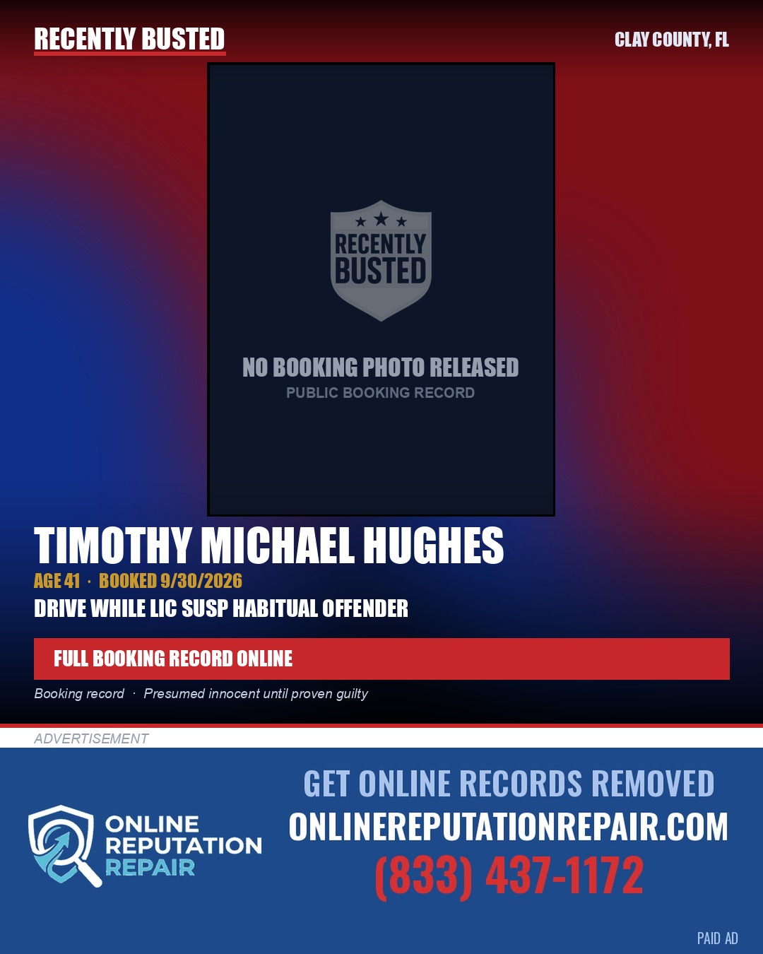TIMOTHY MICHAEL HUGHES — arrest record card, Clay County, Florida