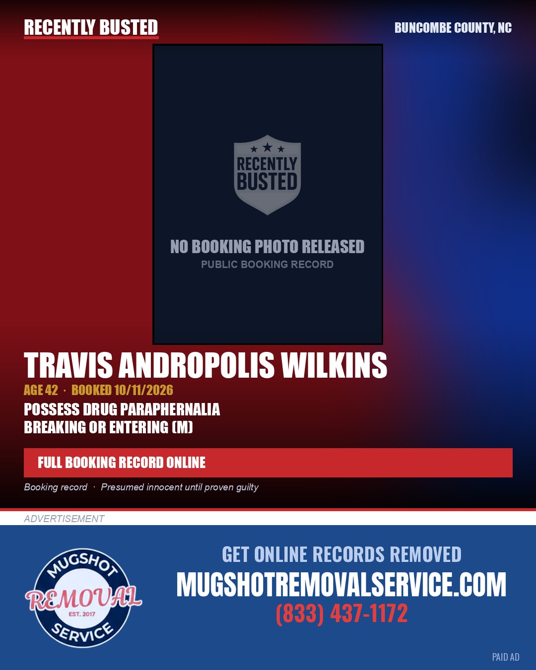 TRAVIS ANDROPOLIS WILKINS — arrest record card, Buncombe County, North Carolina