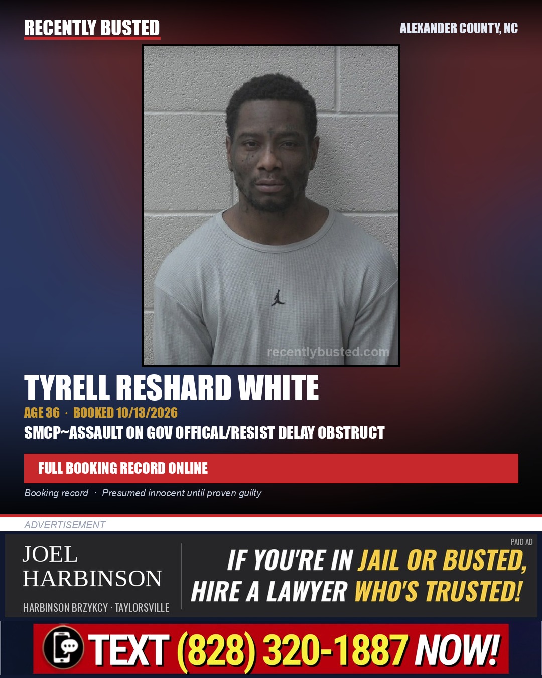 TYRELL RESHARD WHITE — arrest record card, Alexander County, North Carolina