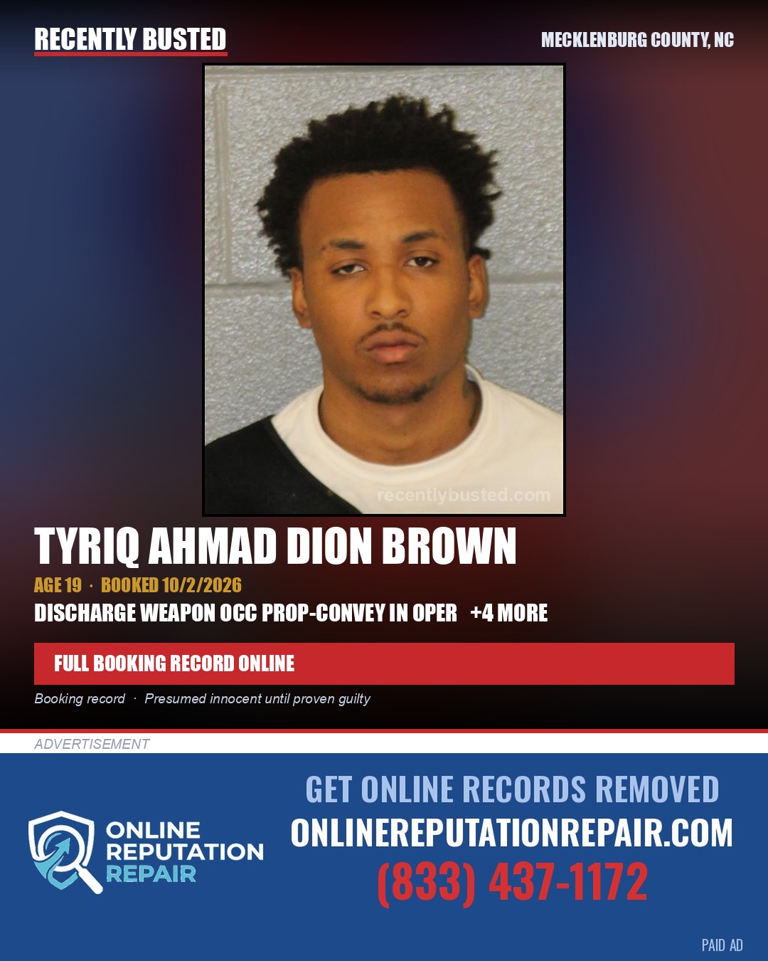 TYRIQ AHMAD DION BROWN — arrest record card, Mecklenburg County, North Carolina
