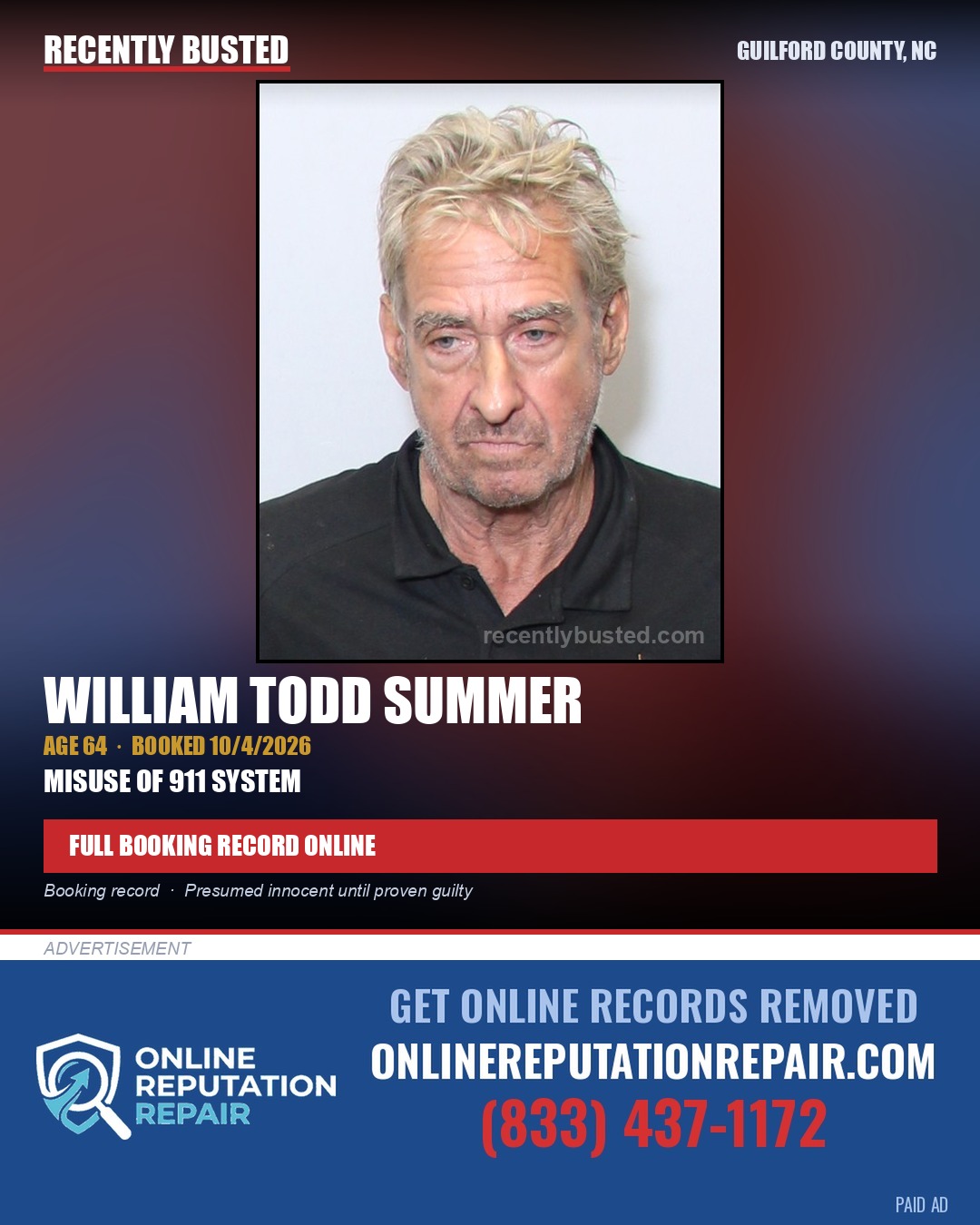 WILLIAM TODD SUMMER — arrest record card, Guilford County, North Carolina
