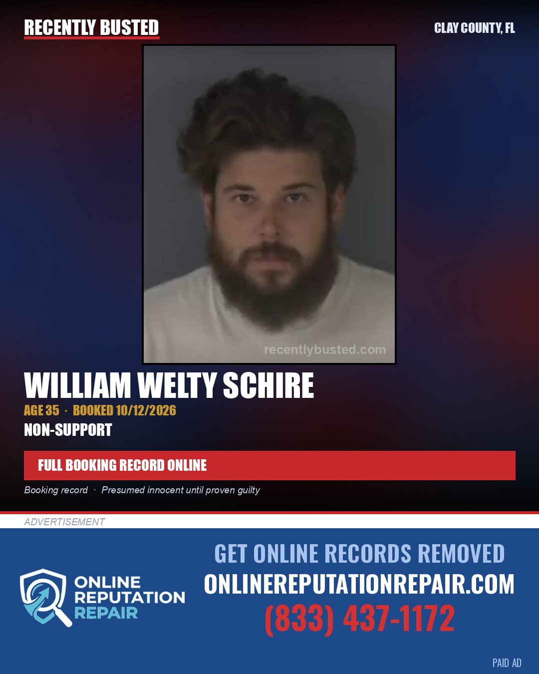 WILLIAM WELTY SCHIRE — arrest record card, Clay County, Florida