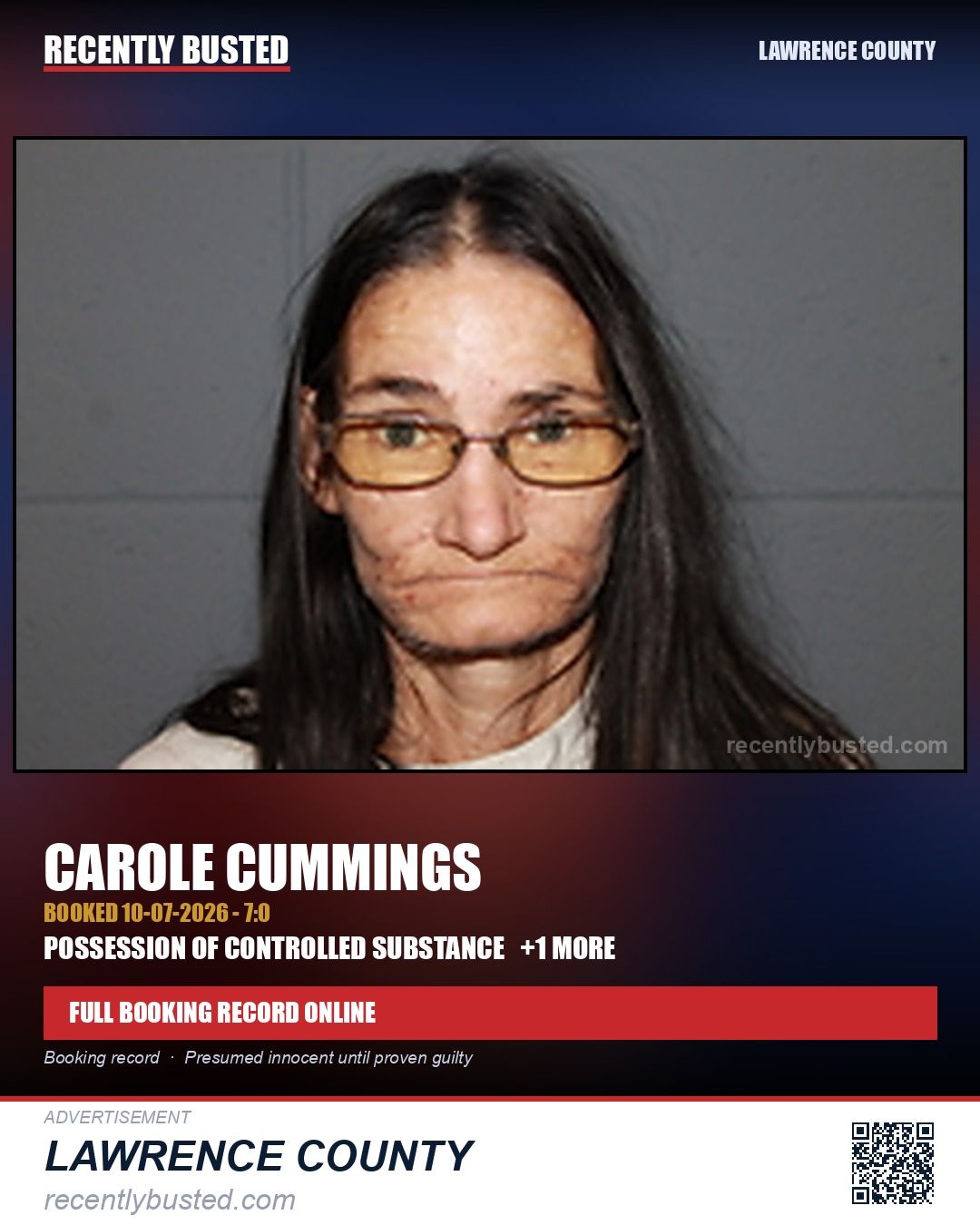 CUMMINGS, CAROLE — arrest record card, Lawrence County