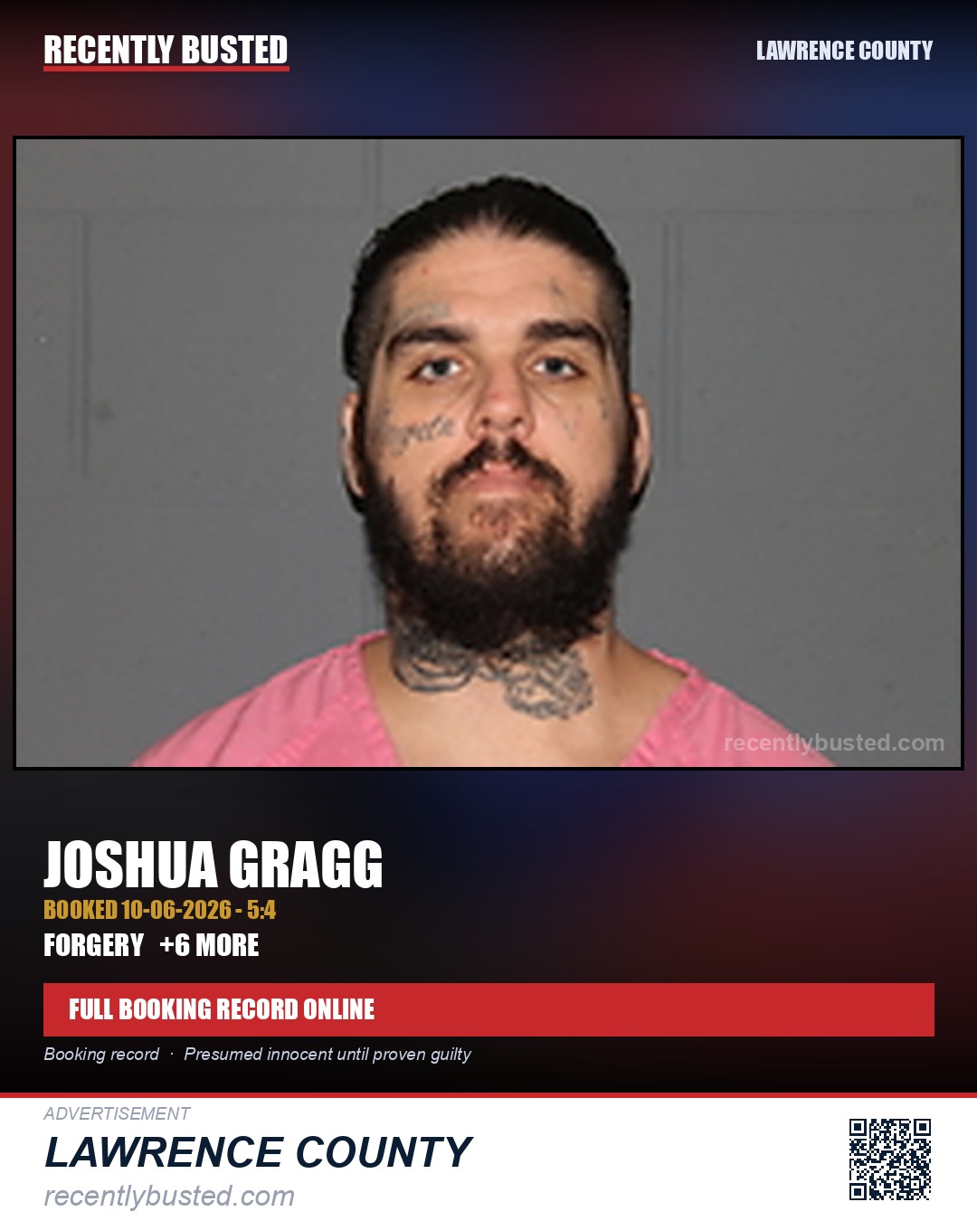 GRAGG, JOSHUA — arrest record card, Lawrence County