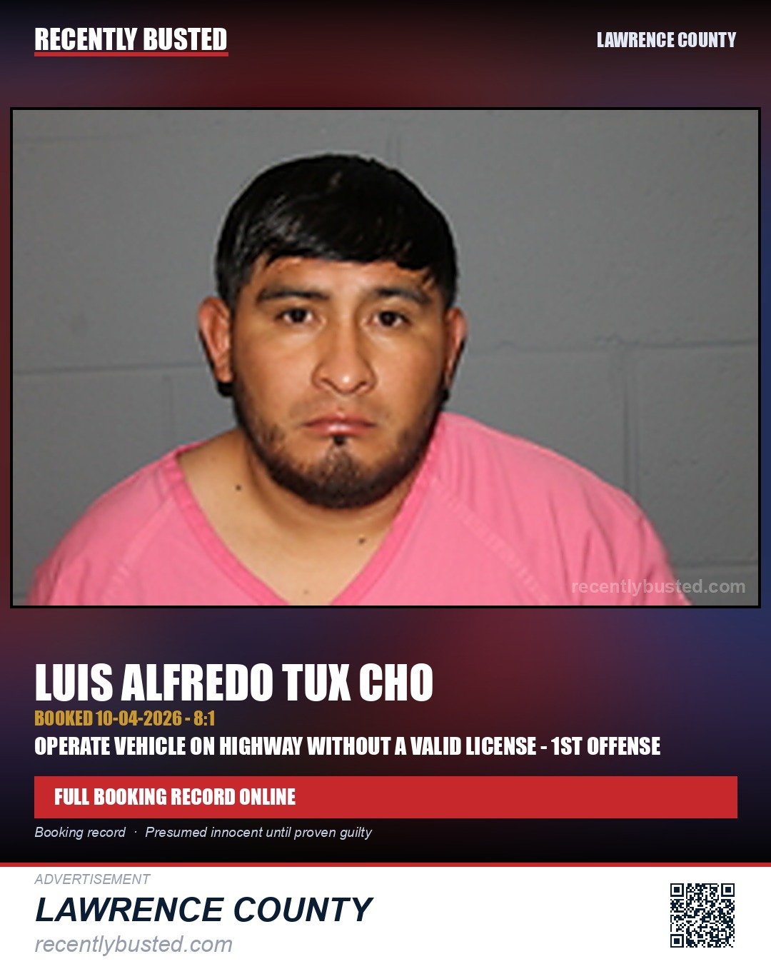 TUX CHO, LUIS ALFREDO — arrest record card, Lawrence County