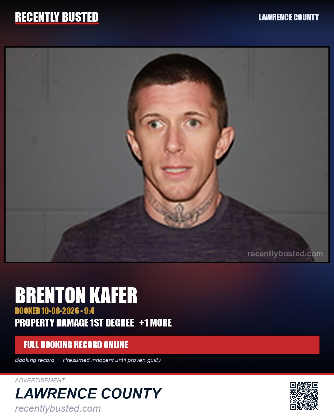 KAFER, BRENTON — arrest record card, Lawrence County