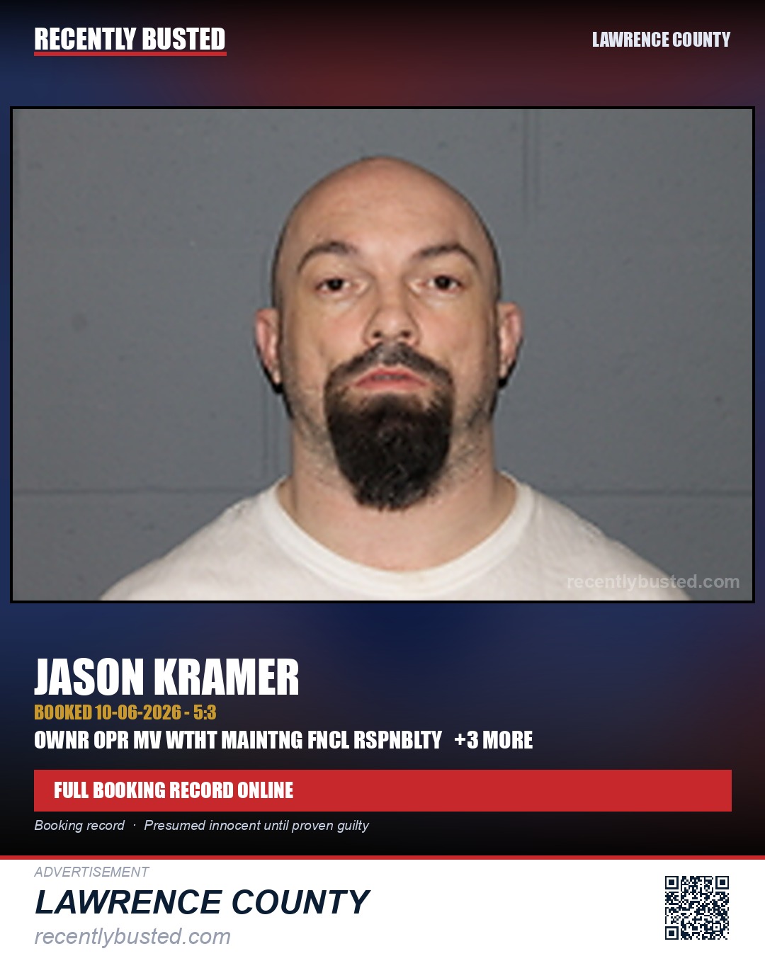 KRAMER, JASON — arrest record card, Lawrence County