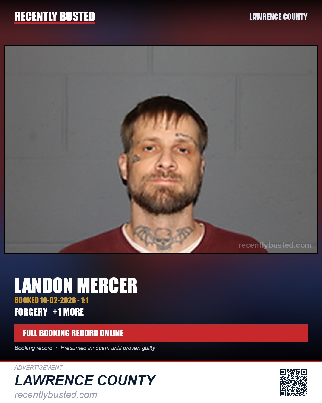 MERCER, LANDON — arrest record card, Lawrence County