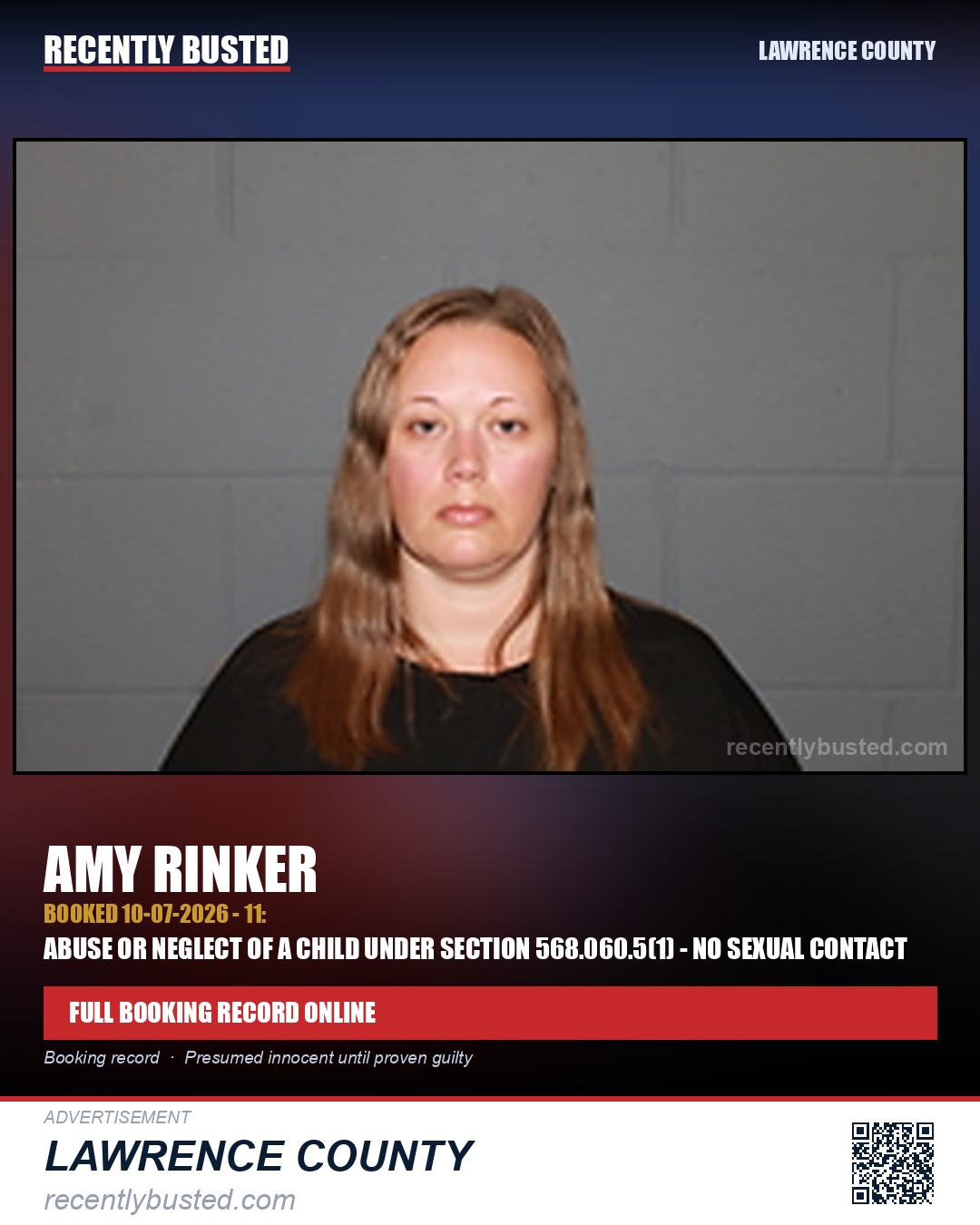 RINKER, AMY — arrest record card, Lawrence County