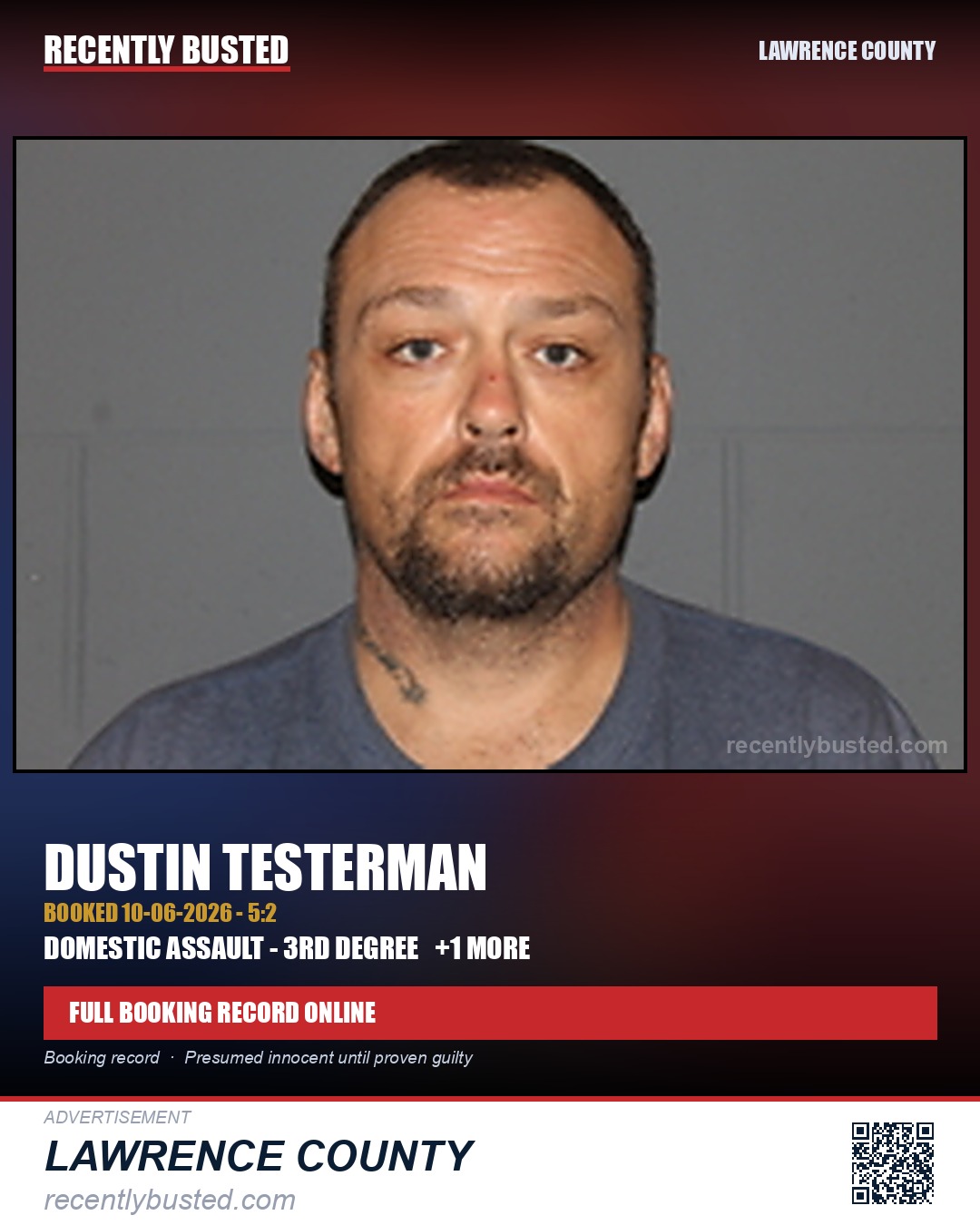 TESTERMAN, DUSTIN — arrest record card, Lawrence County