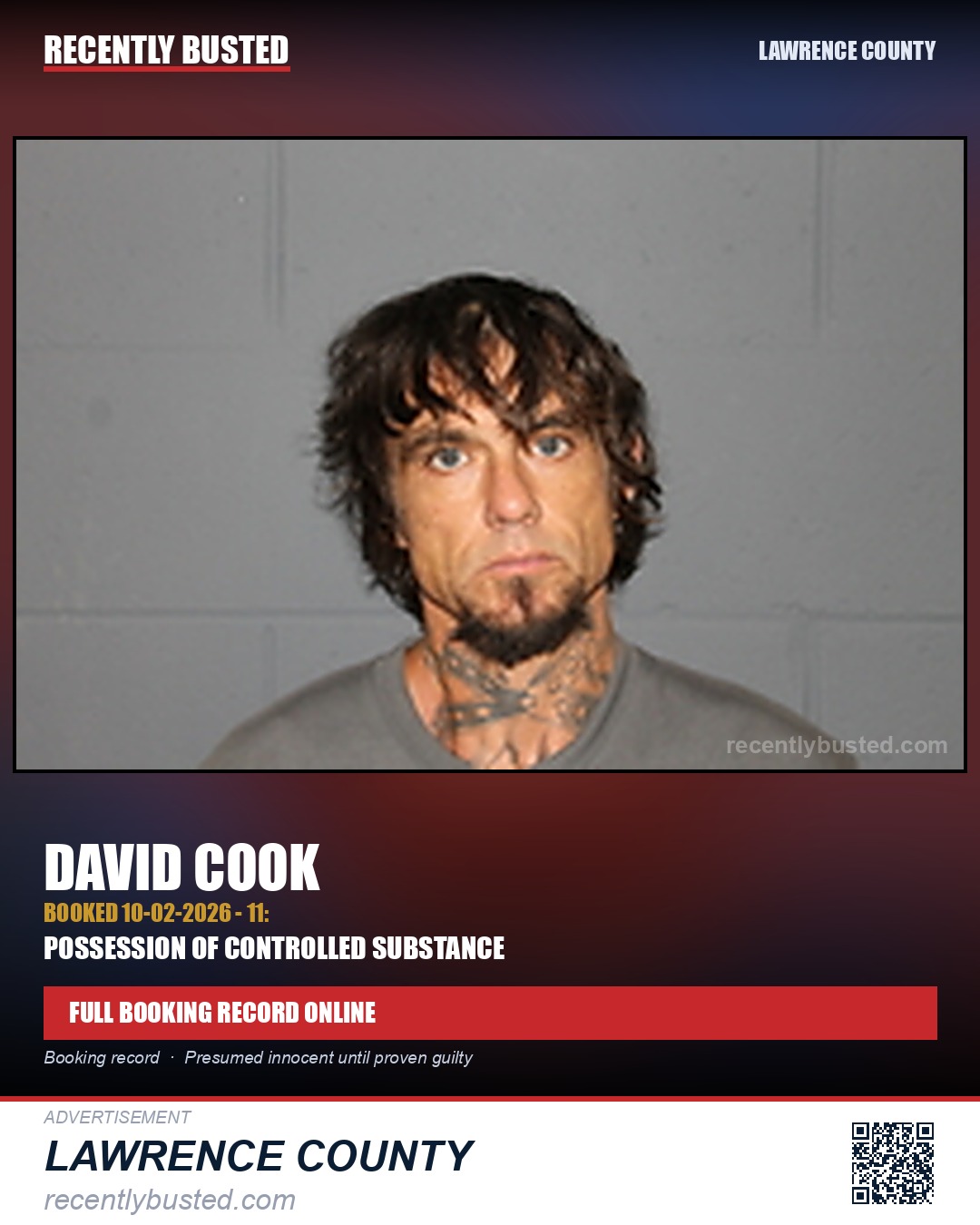 COOK, DAVID — arrest record card, Lawrence County