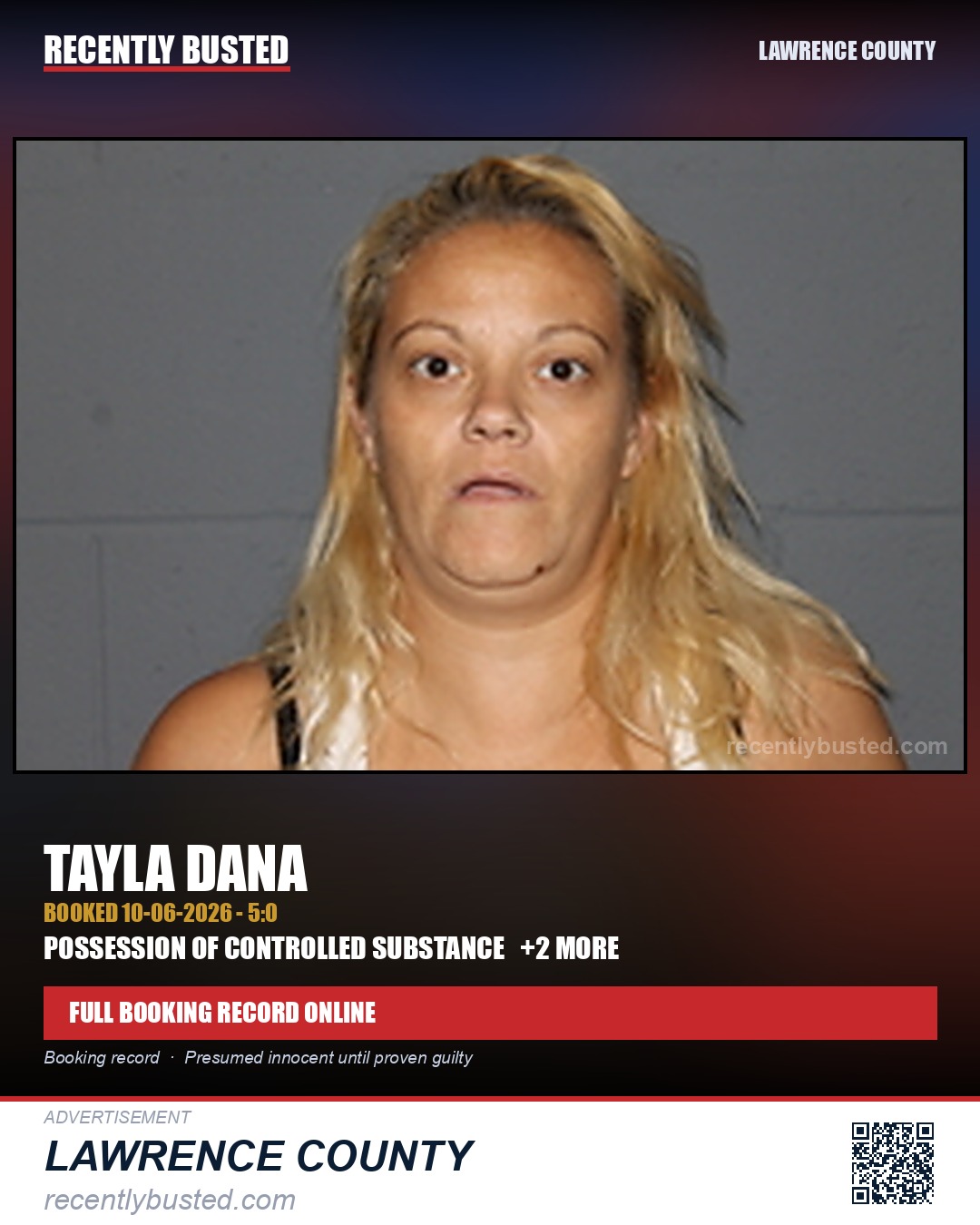 DANA, TAYLA — arrest record card, Lawrence County