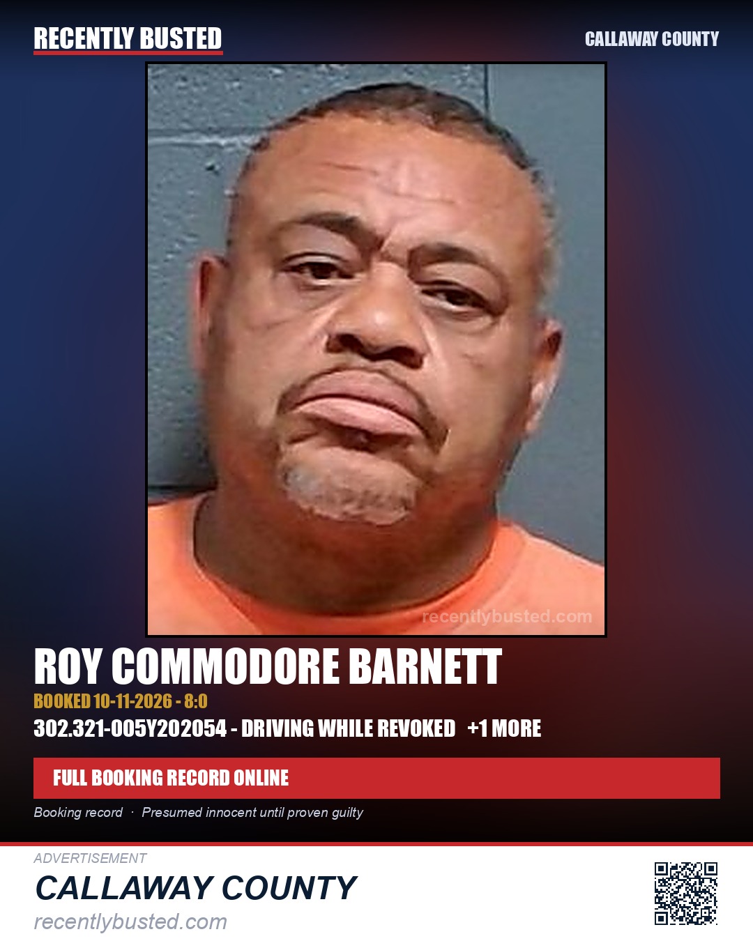 Barnett, Roy Commodore — arrest record card, Callaway County