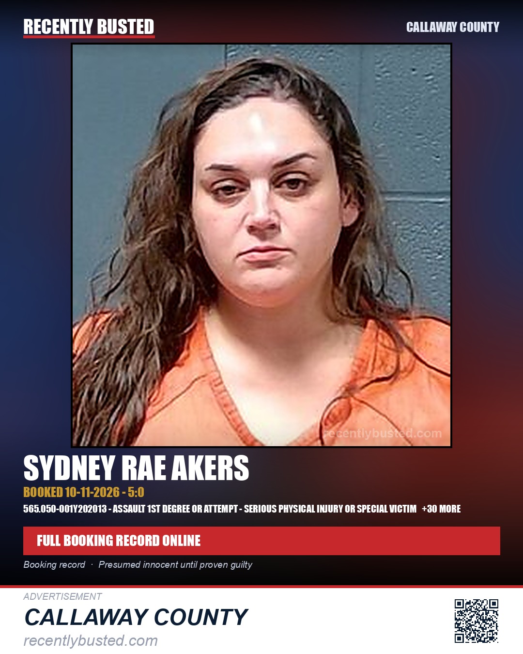 Akers, Sydney Rae — arrest record card, Callaway County