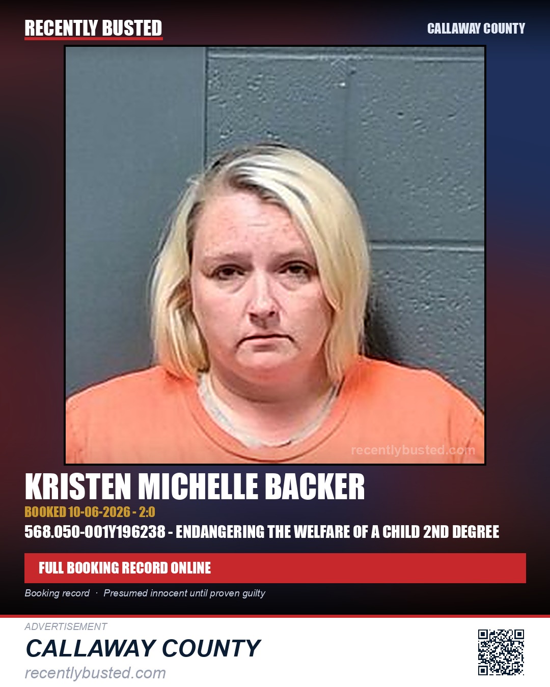 Backer, Kristen Michelle — arrest record card, Callaway County