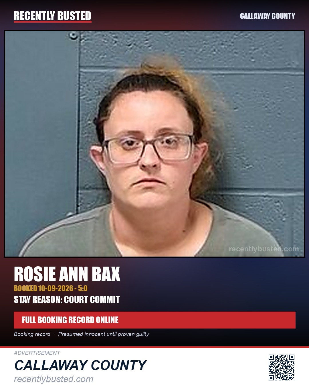 Bax, Rosie Ann — arrest record card, Callaway County