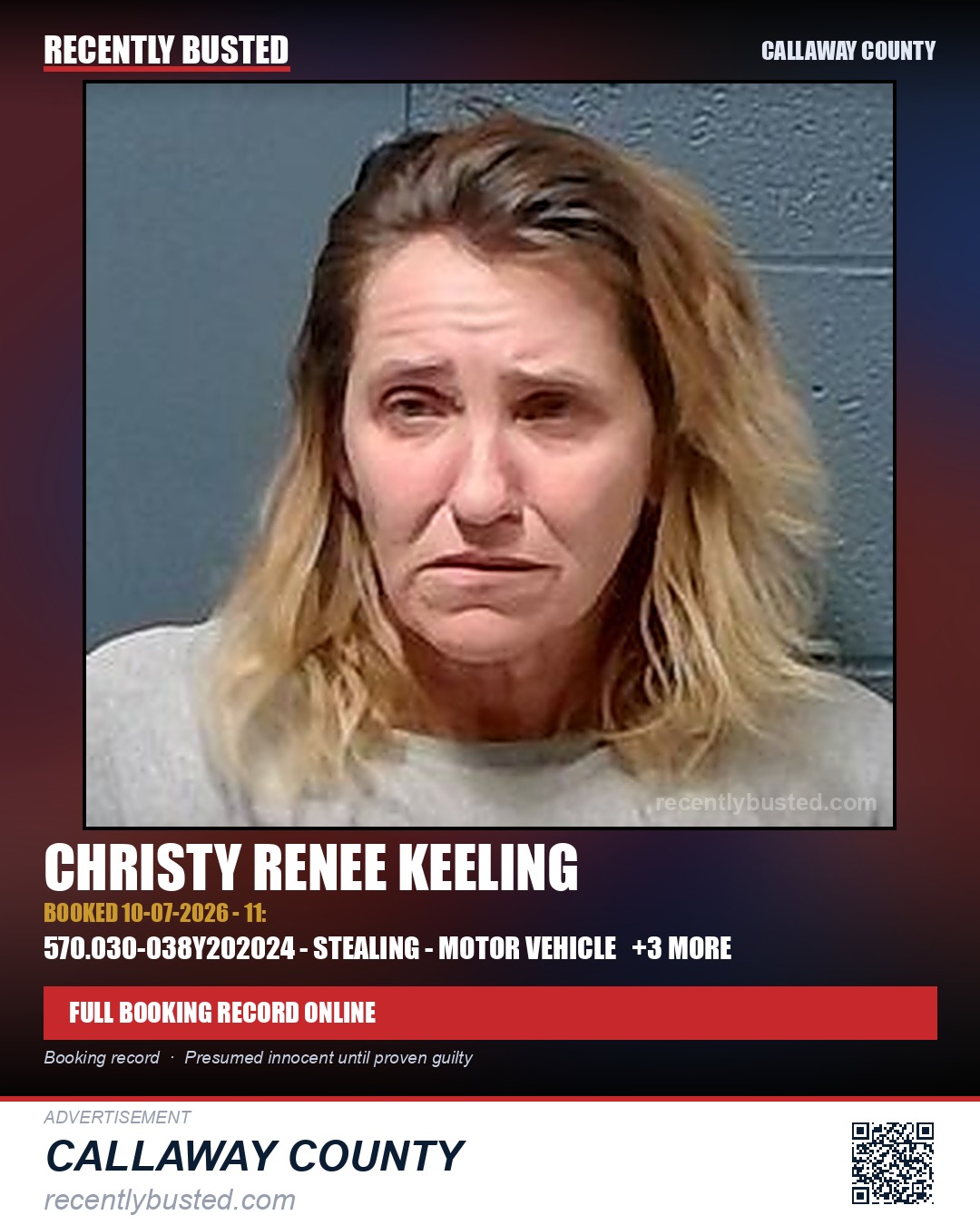 Keeling, Christy Renee — arrest record card, Callaway County