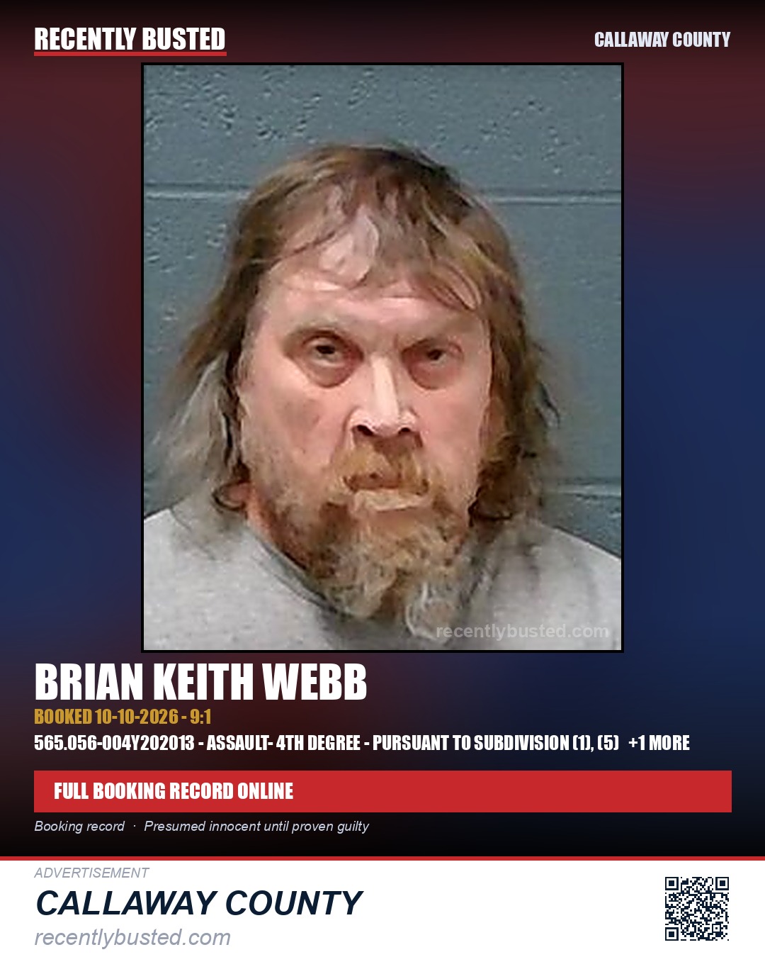 Webb, Brian Keith — arrest record card, Callaway County