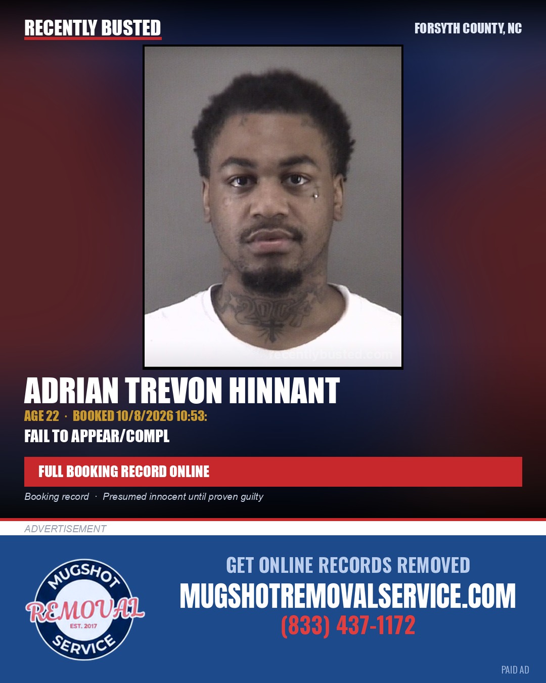 ADRIAN TREVON HINNANT — arrest record card, Forsyth County, North Carolina