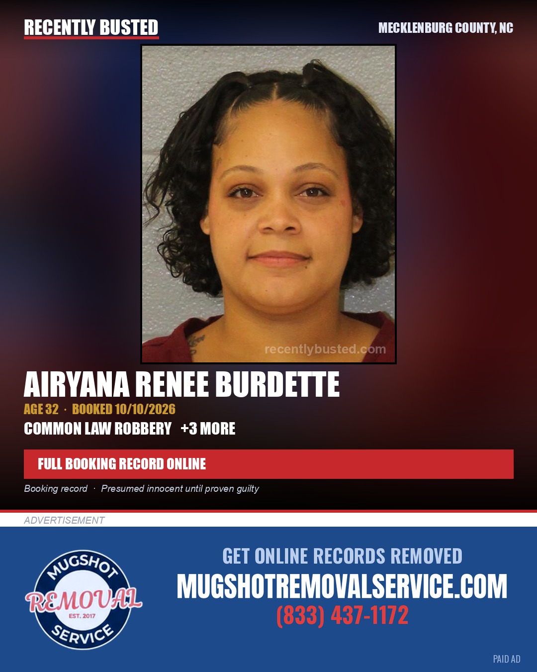 AIRYANA RENEE BURDETTE — arrest record card, Mecklenburg County, North Carolina