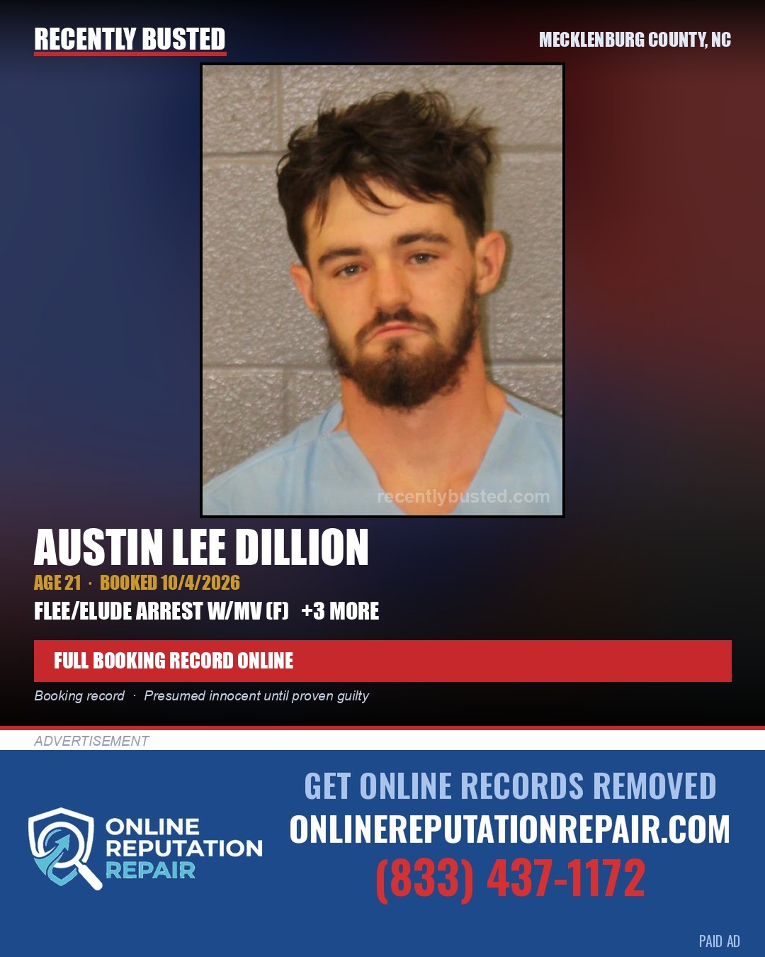 AUSTIN LEE DILLION — arrest record card, Mecklenburg County, North Carolina