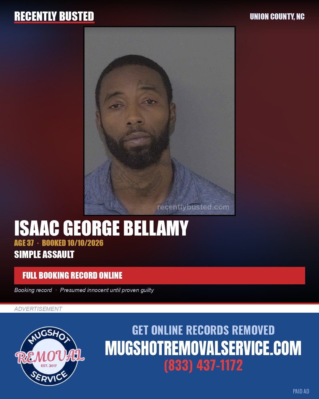 BELLAMY, ISAAC GEORGE — arrest record card, Union County, North Carolina