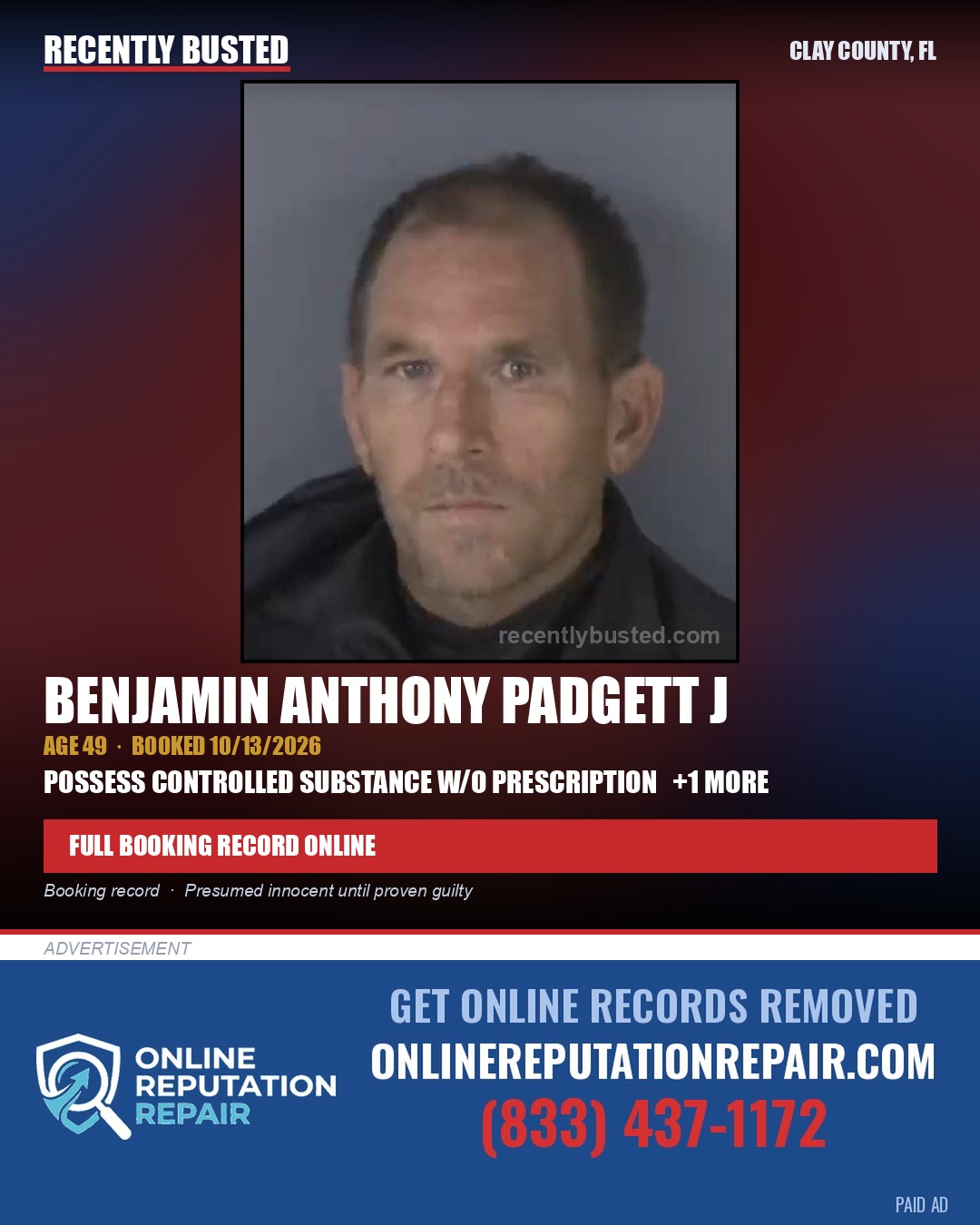 BENJAMIN ANTHONY PADGETT J — arrest record card, Clay County, Florida