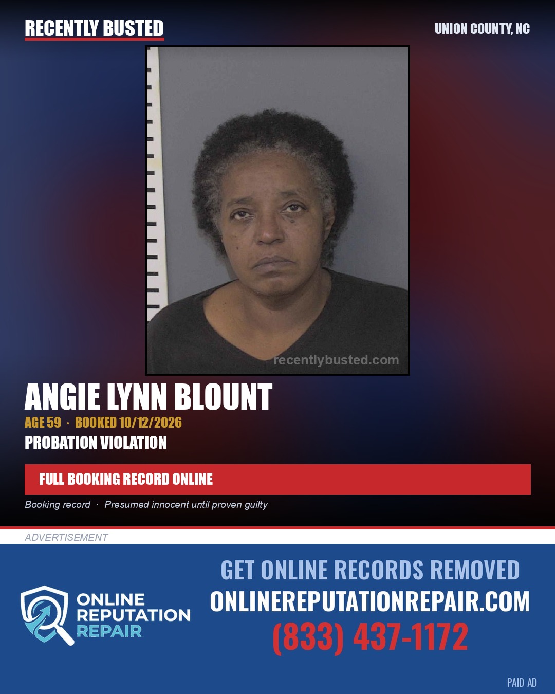 BLOUNT, ANGIE LYNN — arrest record card, Union County, North Carolina