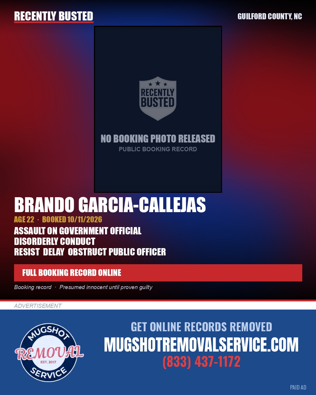BRANDO GARCIA-CALLEJAS — arrest record card, Guilford County, North Carolina