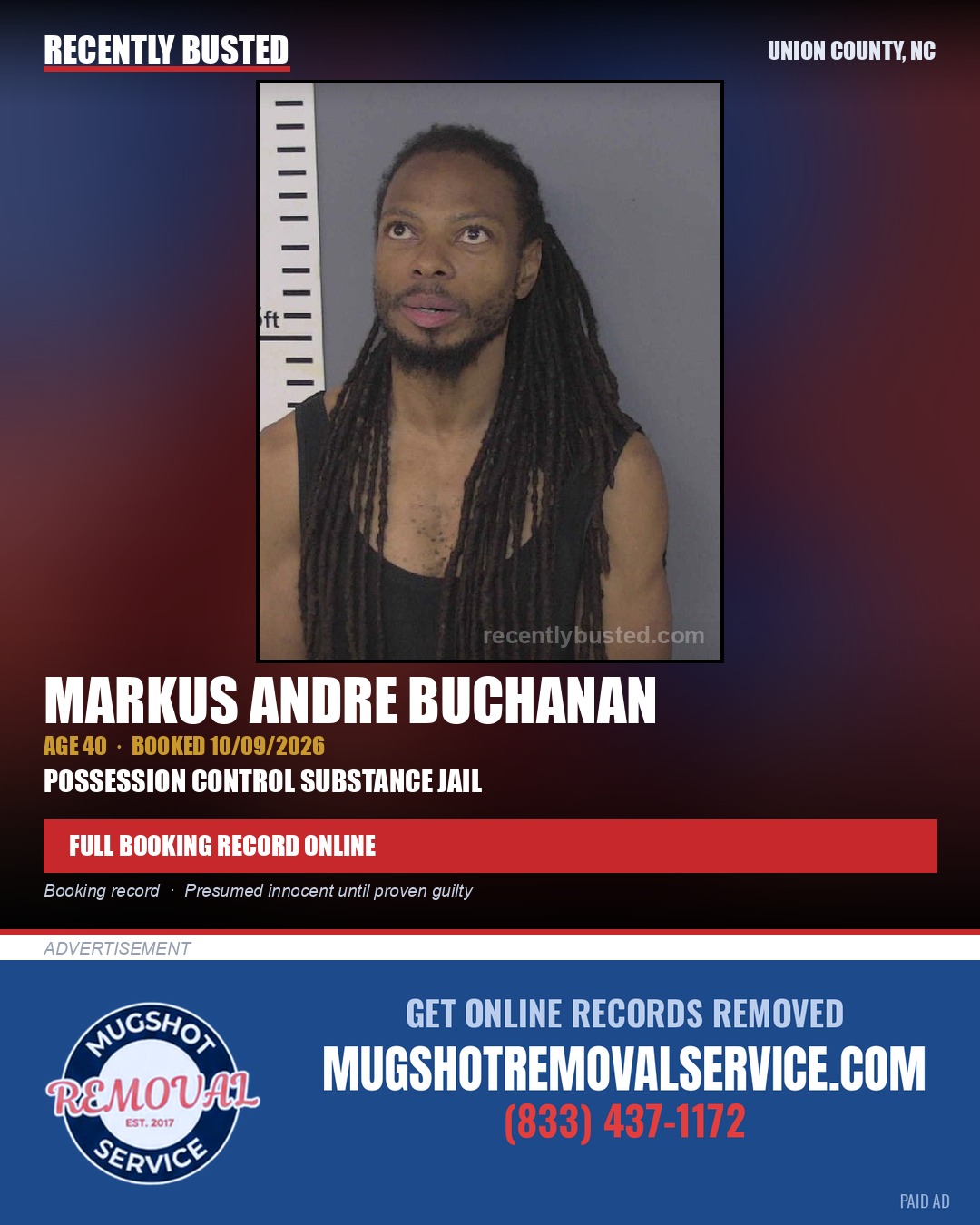 BUCHANAN, MARKUS ANDRE — arrest record card, Union County, North Carolina