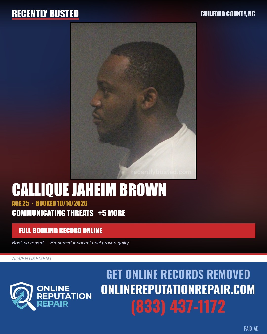 CALLIQUE JAHEIM BROWN — arrest record card, Guilford County, North Carolina