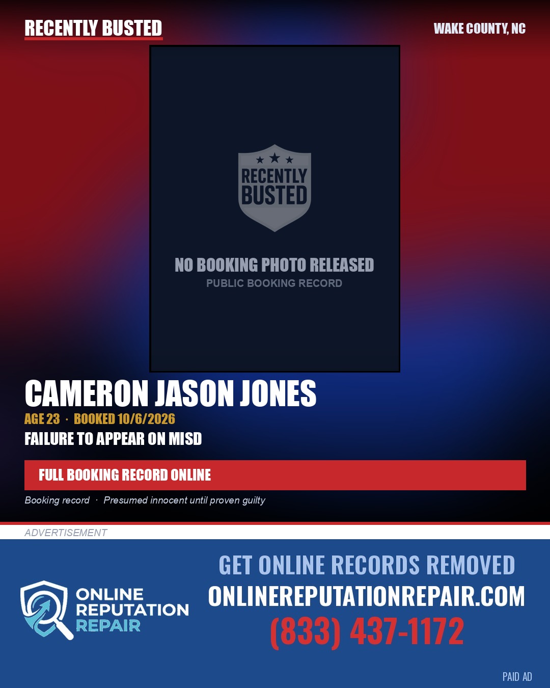CAMERON JASON JONES — arrest record card, Wake County, North Carolina