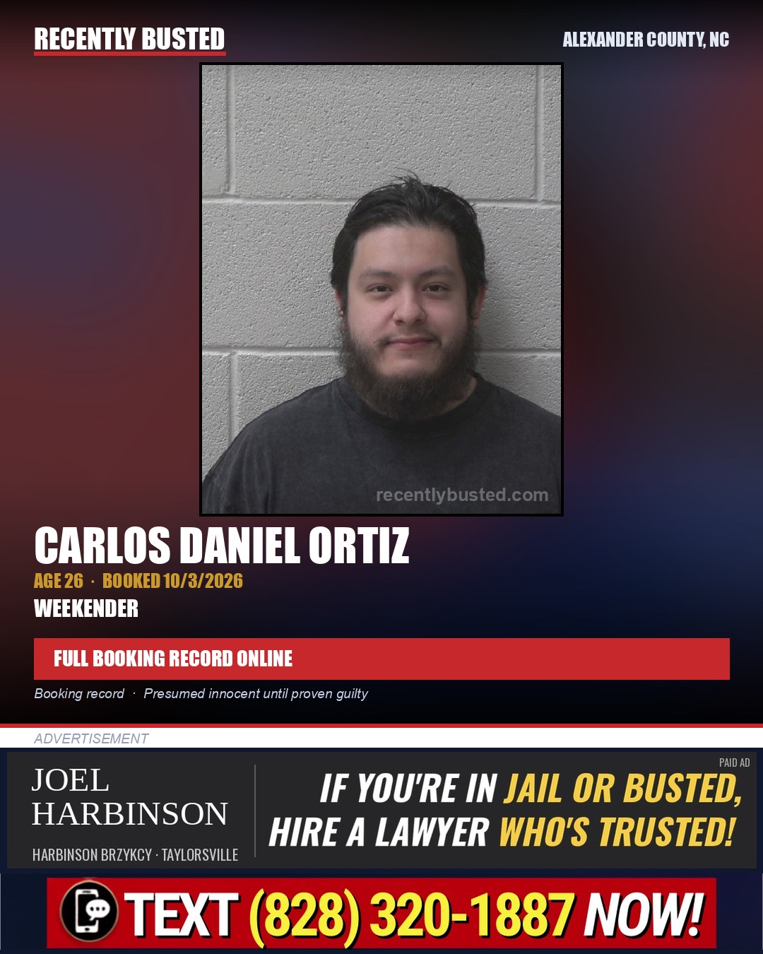 CARLOS DANIEL ORTIZ — arrest record card, Alexander County, North Carolina