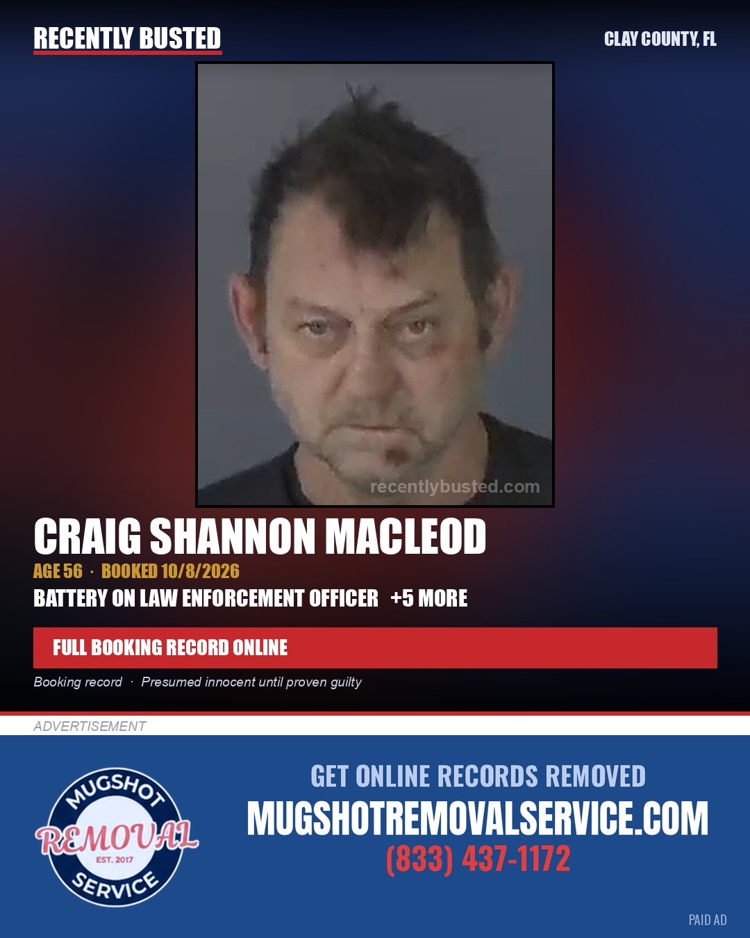 CRAIG SHANNON MACLEOD — arrest record card, Clay County, Florida