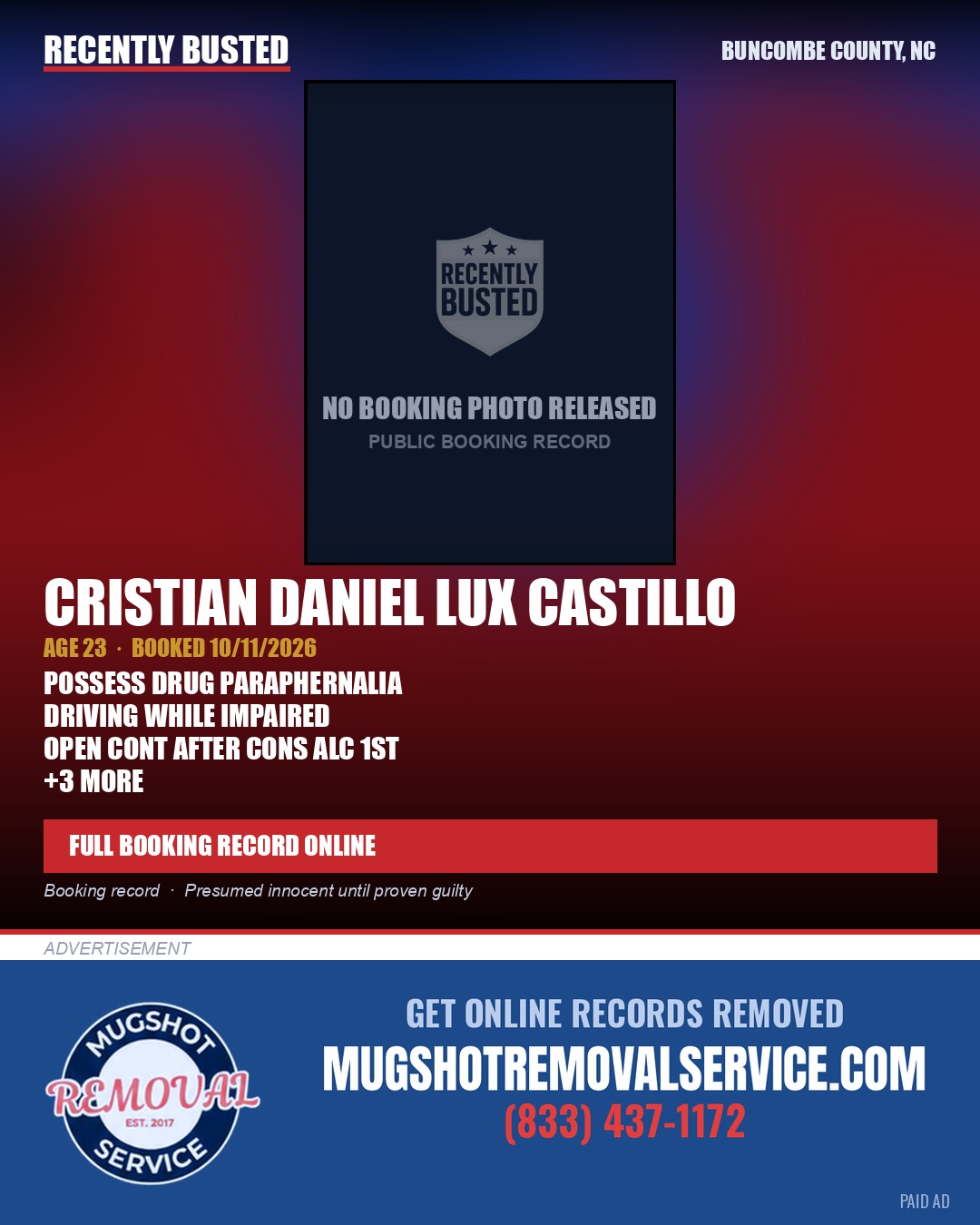 CRISTIAN DANIEL LUX CASTILLO — arrest record card, Buncombe County, North Carolina