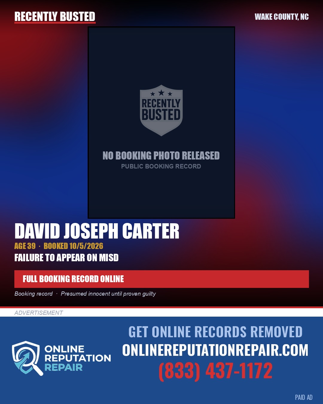 DAVID JOSEPH CARTER — arrest record card, Wake County, North Carolina