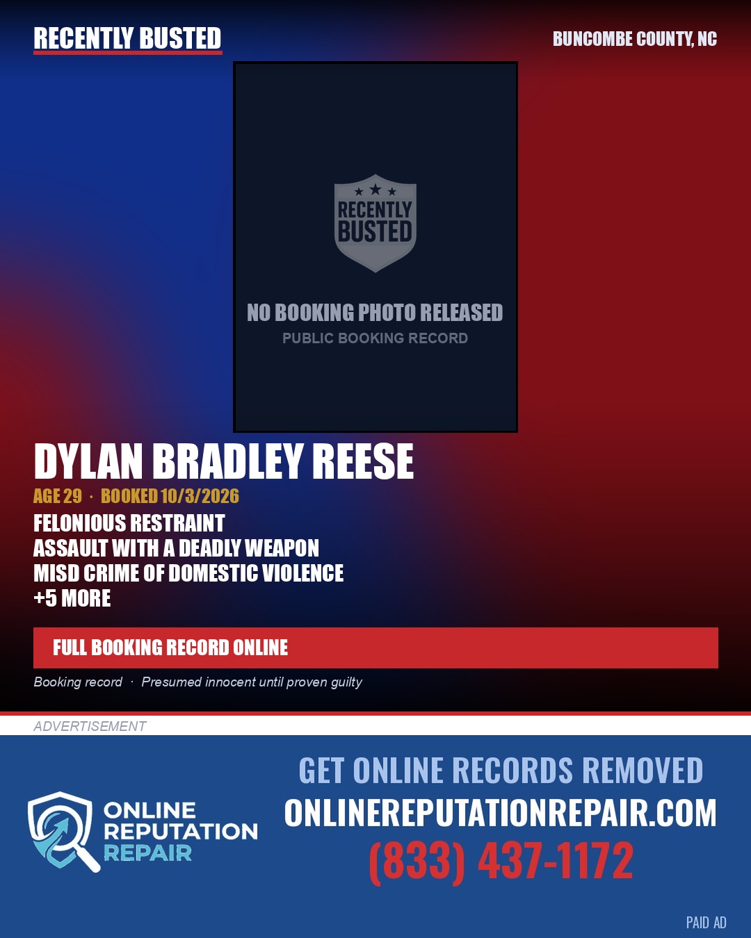 DYLAN BRADLEY REESE — arrest record card, Buncombe County, North Carolina