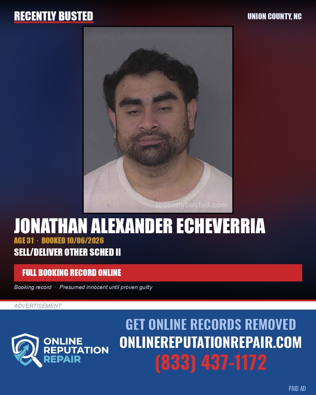 ECHEVERRIA, JONATHAN ALEXANDER — arrest record card, Union County, North Carolina