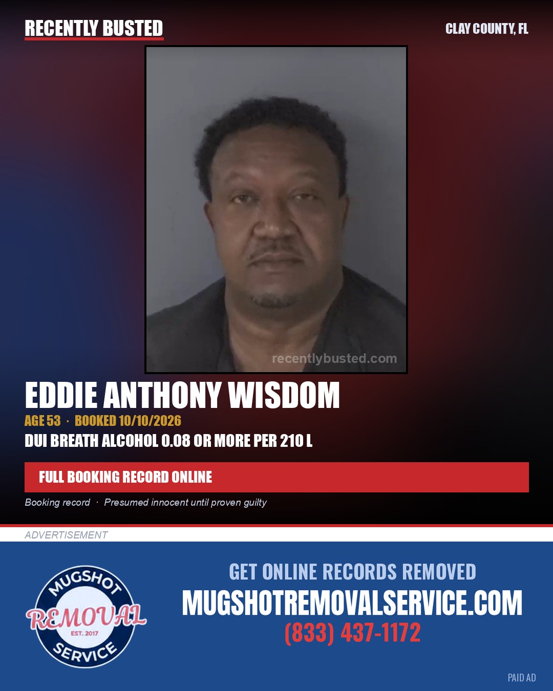 EDDIE ANTHONY WISDOM — arrest record card, Clay County, Florida