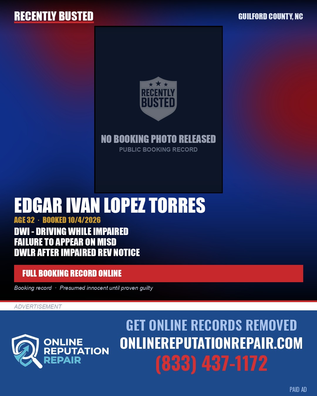 EDGAR IVAN LOPEZ TORRES — arrest record card, Guilford County, North Carolina