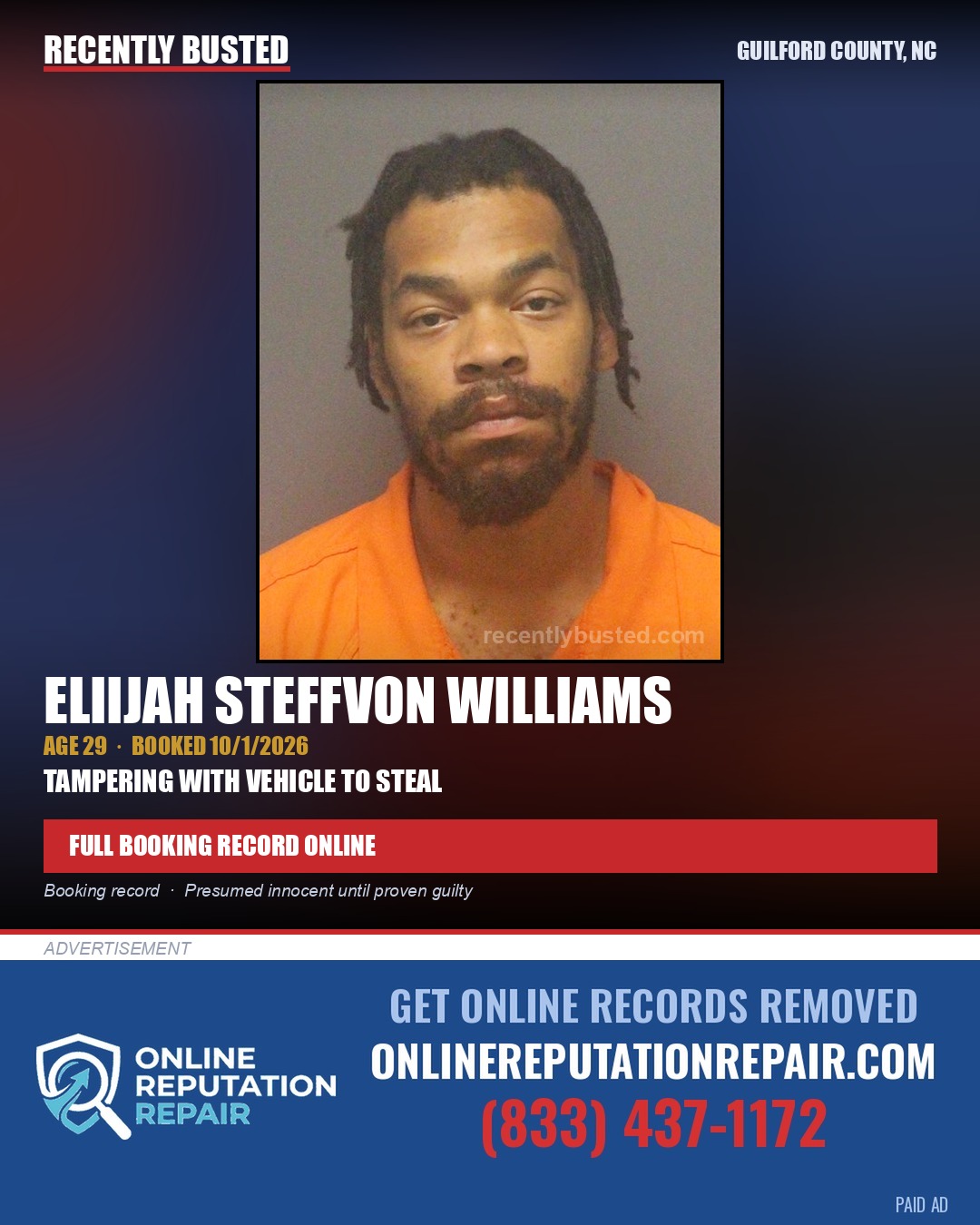 ELIIJAH STEFFVON WILLIAMS — arrest record card, Guilford County, North Carolina