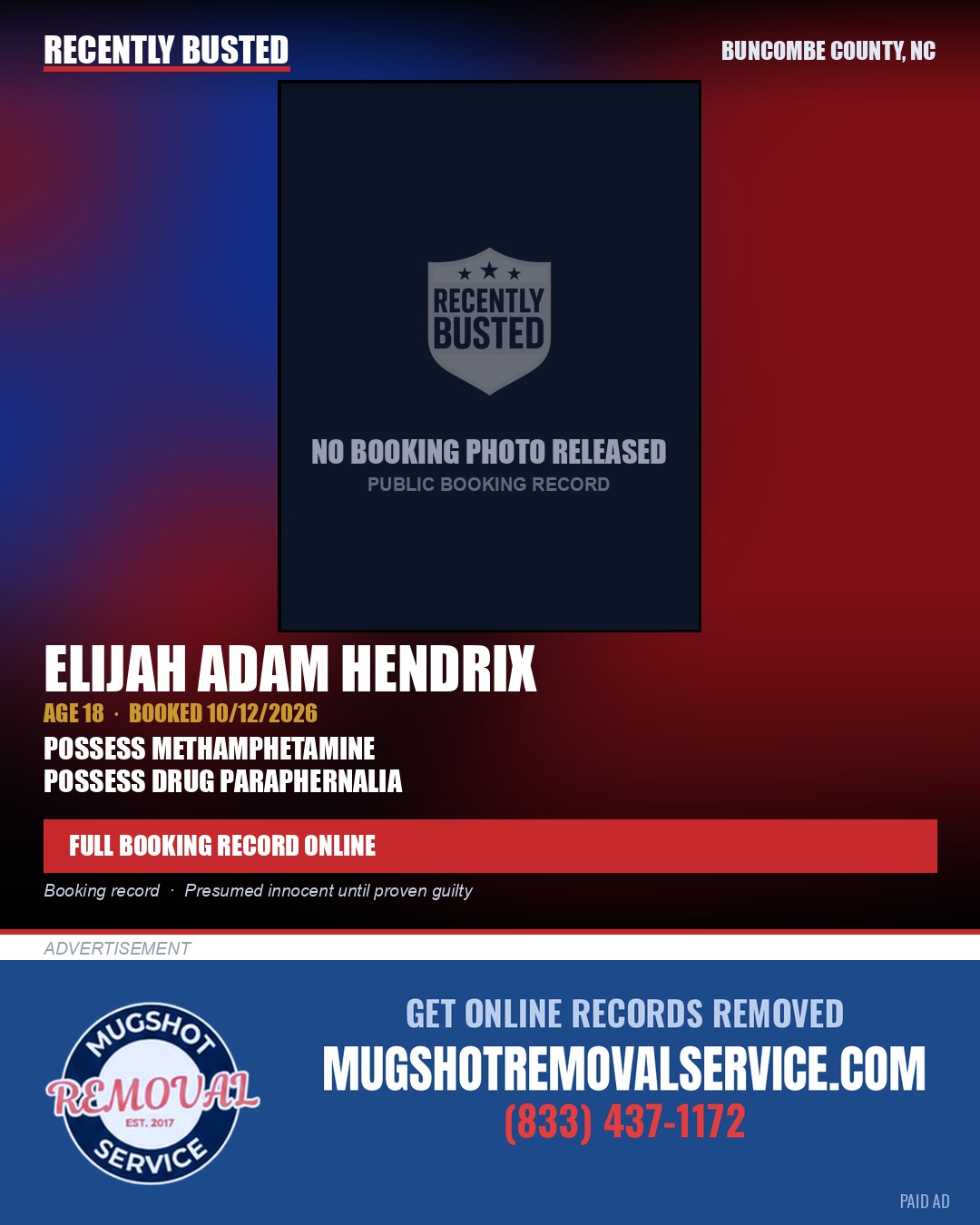 ELIJAH ADAM HENDRIX — arrest record card, Buncombe County, North Carolina