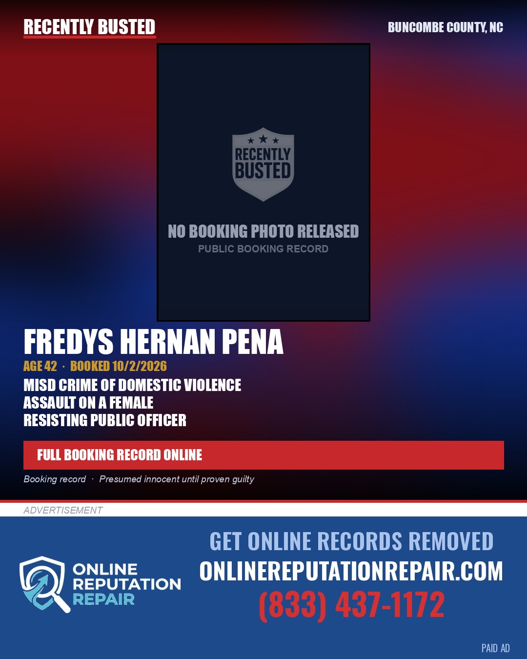 FREDYS HERNAN PENA — arrest record card, Buncombe County, North Carolina