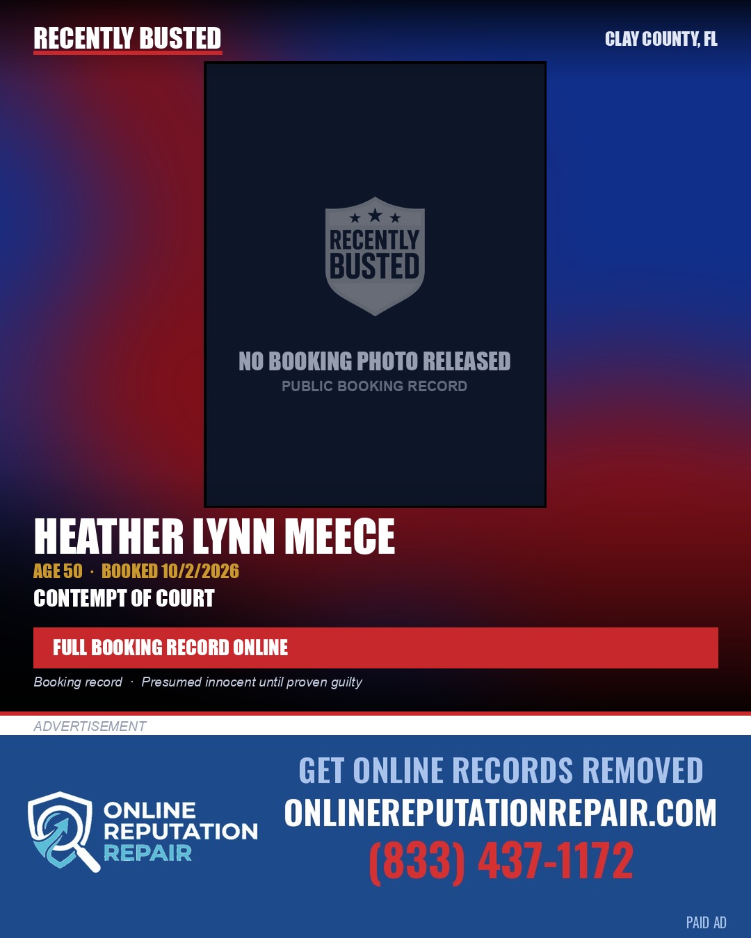 HEATHER LYNN MEECE — arrest record card, Clay County, Florida