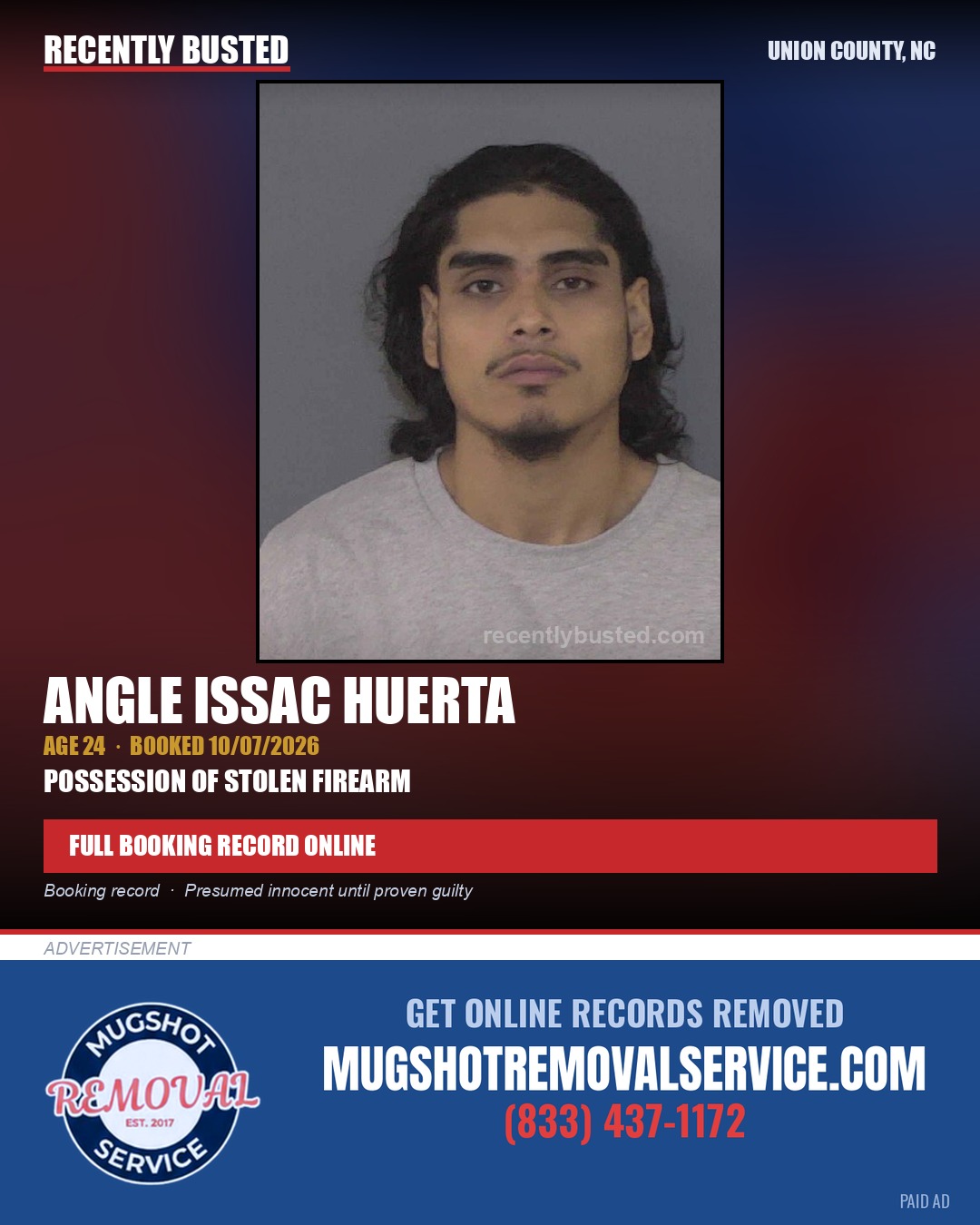 HUERTA, ANGLE ISSAC — arrest record card, Union County, North Carolina