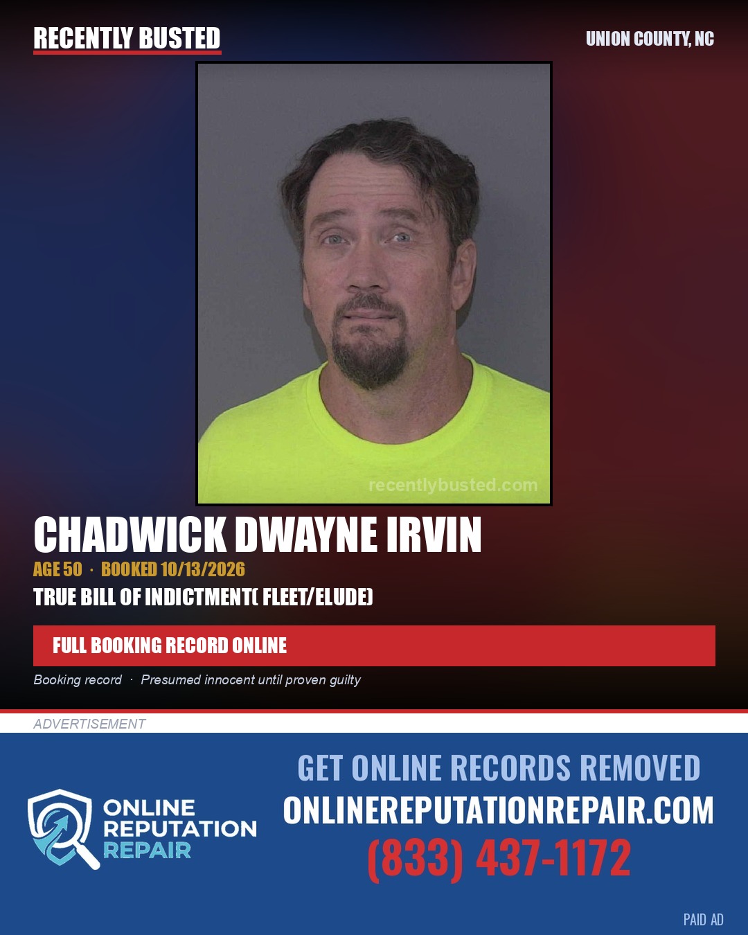 IRVIN, CHADWICK DWAYNE — arrest record card, Union County, North Carolina
