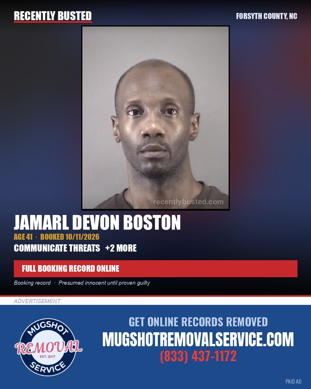 JAMARL DEVON BOSTON — arrest record card, Forsyth County, North Carolina