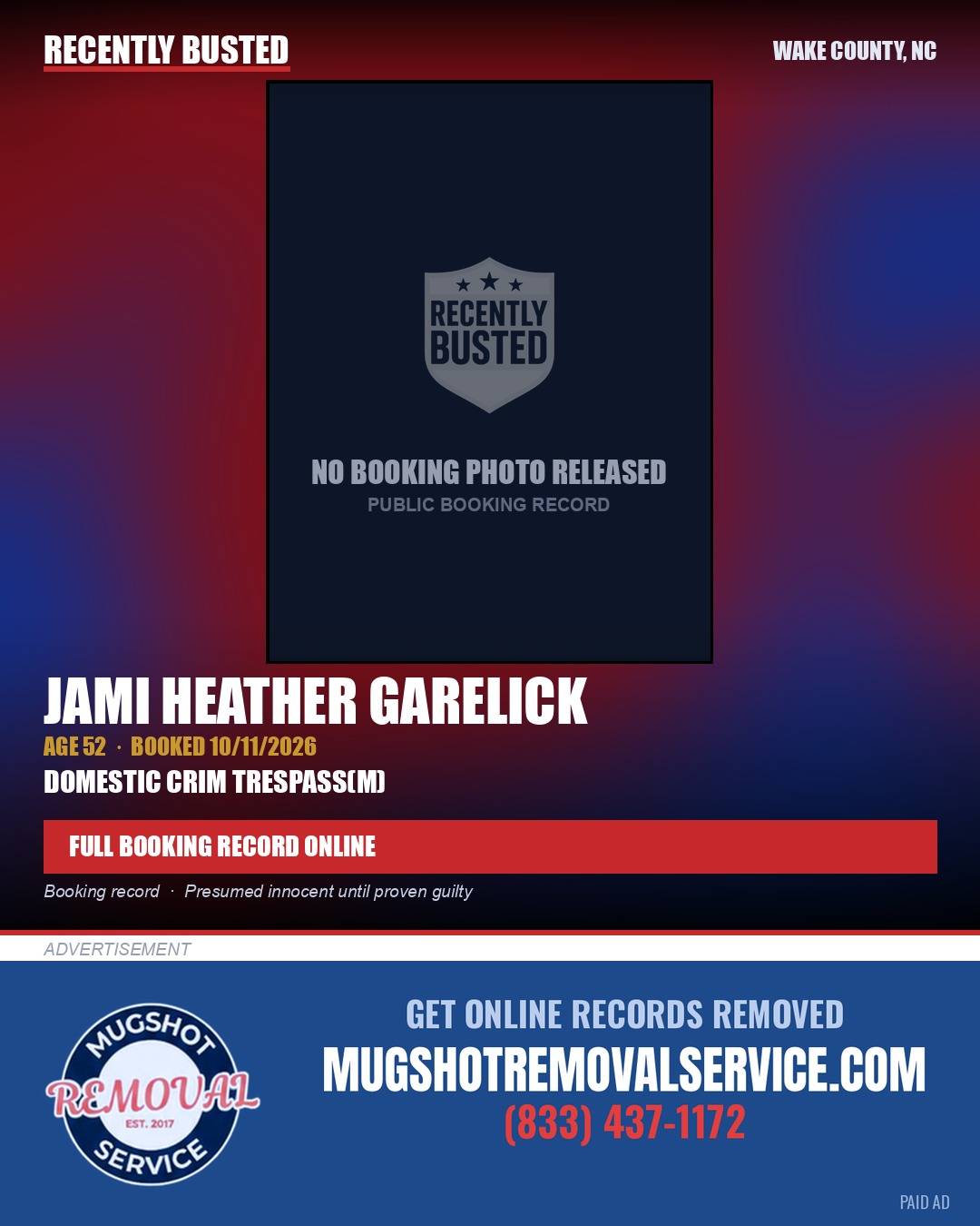 JAMI HEATHER GARELICK — arrest record card, Wake County, North Carolina