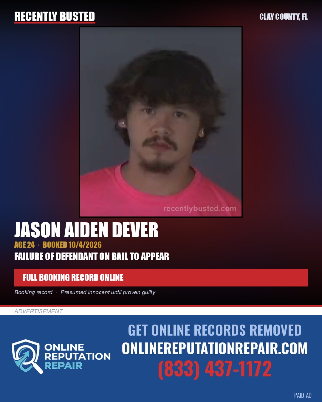 JASON AIDEN DEVER — arrest record card, Clay County, Florida