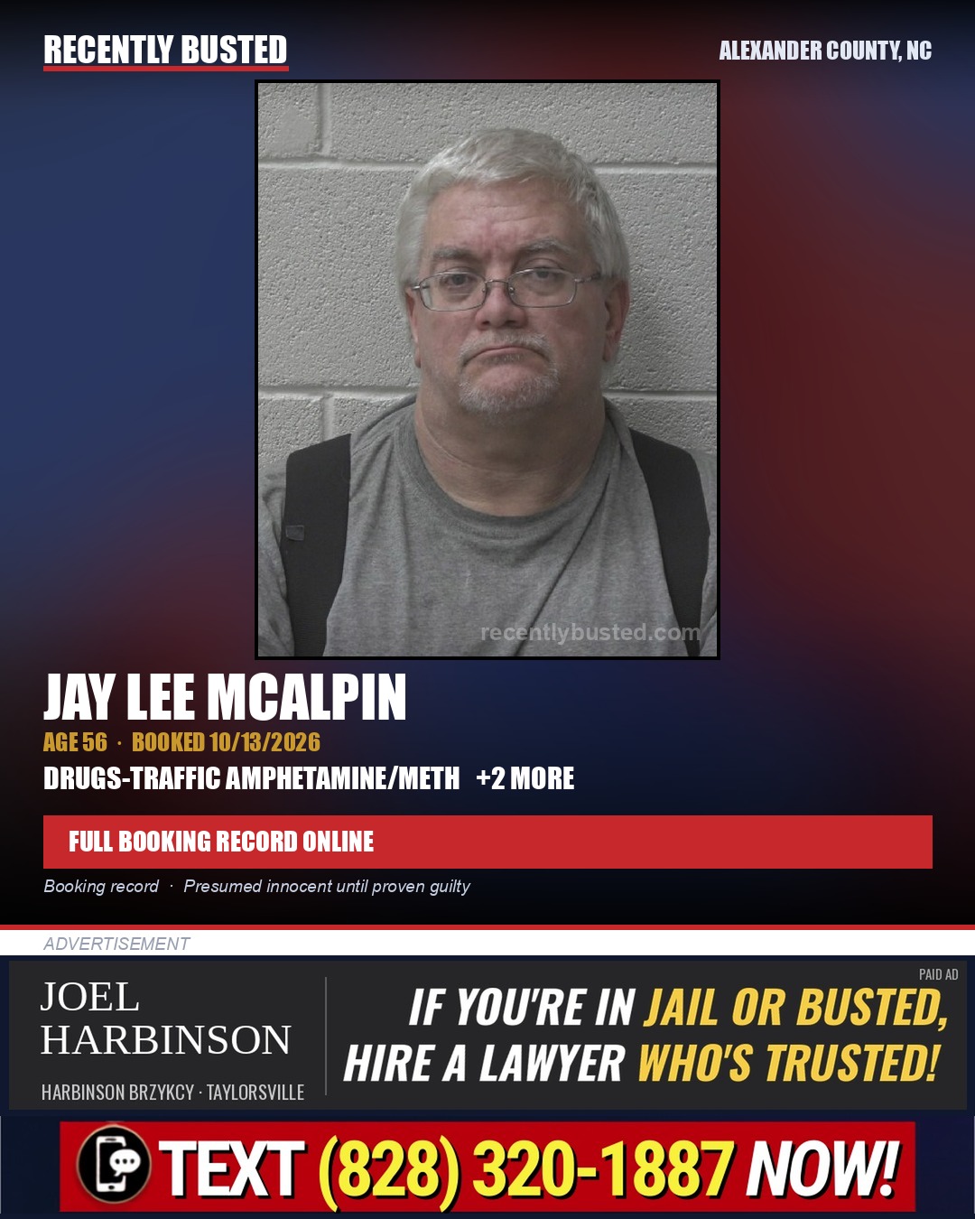 JAY LEE MCALPIN — arrest record card, Alexander County, North Carolina